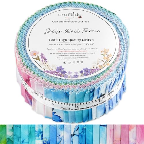Craftido-20 Options-100% Cotton Jelly Roll Fabric Precut Strips for Quilting, Crafting, and Sewing, 40 Strips 2.5" x 44" Assorted Bundles for Rug, Quilt Project, DIY Craft and Home Decor-Rainbow Inks - color: Rainbow Inks