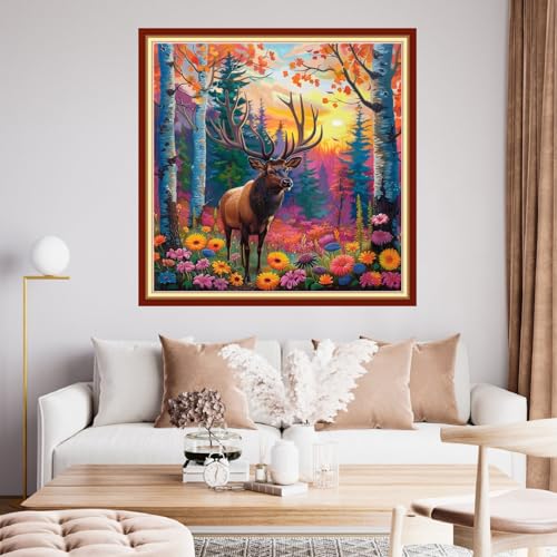 Funchey Stamped Cross Stitch Kits, DIY Cross Stitch Pattern for Adults Beginners Needlepoint Kits Embroidery Kit Arts and Crafts 11CT-Forest elk 18x18 inchs - color: HandicraftColor17