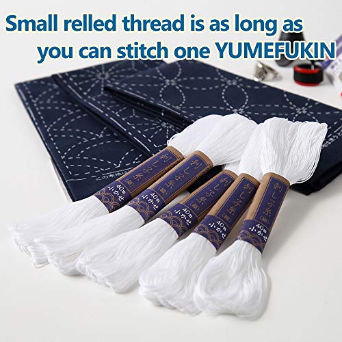 Sashiko kit, Yokota Sashiko Thread, Needles and Template Yume Fukin with Original English Manual, Thimble Sewing Set, Fabric, Japanese Textile (White Thread / Navy Dishcloth)