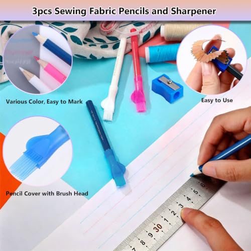 10Pcs Triangle Tailors Chalk with 100Pcs Sewing Clips, 100pcs Straight Pins Set, 4pcs Heat Erasable Fabric Marking Pens with 8 Refills, 3PCS Sewing Fabric Pencils for Quilting Craft Accessories