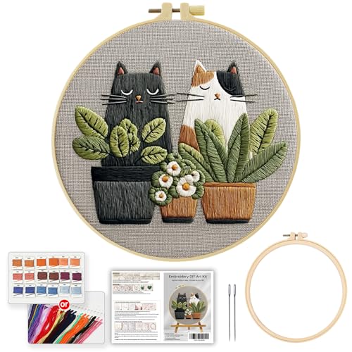 Cute Cat, Plants Patterns Embroidery Kits for Beginners,Adults Starter Cross Stitch Kit with Funny Animal Pattern,DIY Needlepoint Everything is Fine,Step by Step Instructions and Video Tutorial