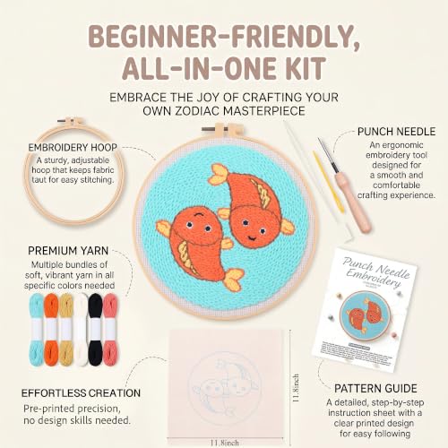 Harimau Punch Needle Kit Twelve Zodiac Signs Pattern,1Pc Embroidery Hoop, Essential Punch Needle Supplies,Ideal Punch Art for Beginners,DIY Adults Embroidery, Video Teaching - color: 65274