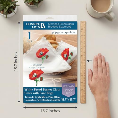 Leisure Arts Stamped Bread Basket Cloth Cover with Lace Edge - White Poppy Embroidery Kit with Printed Fabric, 15.7 x 15.7 in, DIY Needlework Kit for Adults and Beginners - color: Poppy