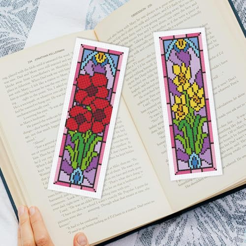 INFUNLY 6PCS/Set Pixel Flowers Cross Stitch Bookmark Kit 2.99x8.54 Retro Floral Window Handmade Cross Stitch Bookmarks DIY Embroidery Bookmarks for Readers with Instruction for Starter Book Lovers - style: Pixel Flowers