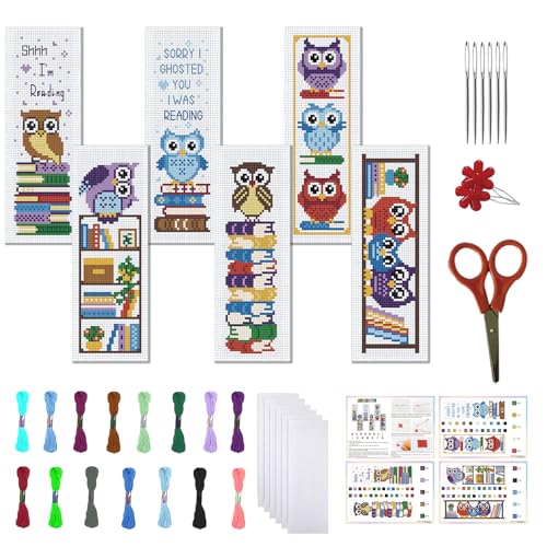 FREEBLOSS 6 Set Cross Stitch Bookmark Kit 11 CT Stamped Cross Stitch Kit DIY Embroidery Bookmark Kits for Adult Beginners with Instructions, Owl Books Pattern, 6 x 20 cm/8" x 2.4" - style: Owl
