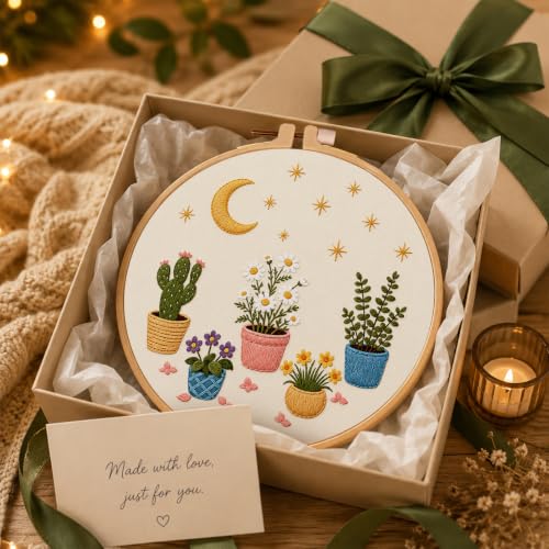 Nuberlic Potted Plant Embroidery Kit for Beginners - color: Botanical