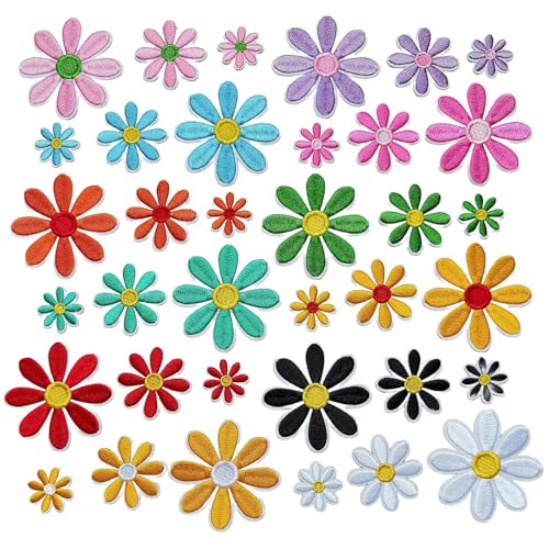36pcs Daisy Flower Iron on Patches, 3 Sizes Colorful Floral Embroidered Patches Applique for Clothes Hats Jeans Jacket - color: Colorful Daisy