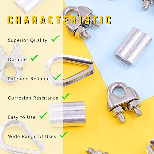 Swpeet 24Pcs M10 (3/8") Wire Rope Accessory Set, Included M10 Wire Rope Cable Clip Clamp, M10 Stainless Steel Thimble, 10mm Aluminum Crimping Loop Sleeve Perfect for 1/8 inch Wire Rope Cable (M10) - size: M10