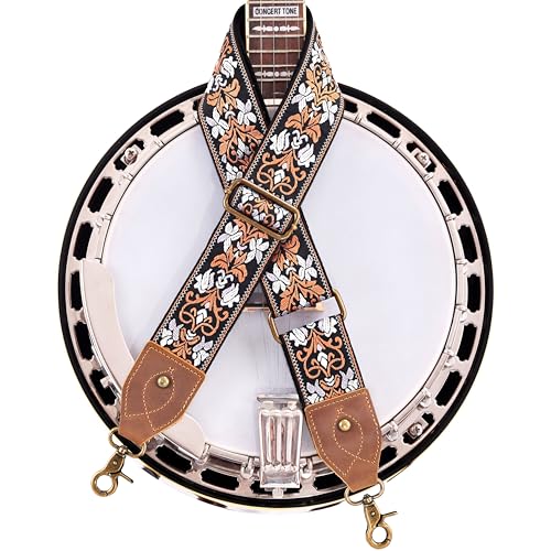 Nefelibata Banjo Strap,2"Wide Double Crazy Horse Leather Jacquard Embroidery Strap Adjustable Replacement,Multi-pattern Strap With Metal Clips - color: A#-embroidery Yellow