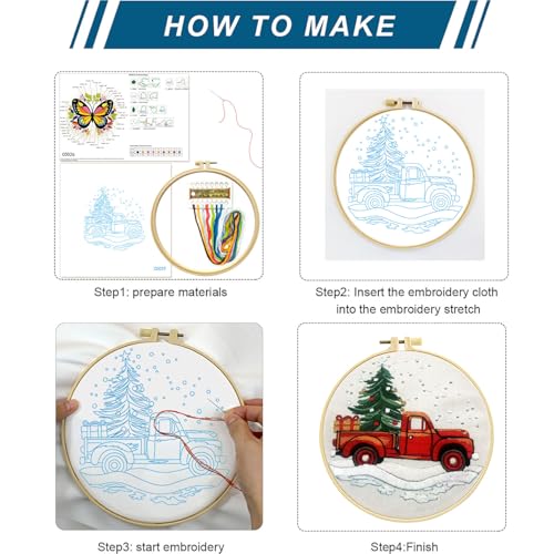 Zhenqing Christmas Red Truck Embroidery Kit for Beginners, Tree and Gifts Needlework Kit with Pre-Printed Fabric, Hoop, Threads & Tools (C0029) - style: Vintage Red Truck
