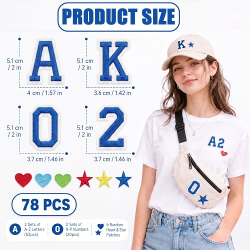Jongdari Iron On Letters and Numbers Patches for Clothing, 2" Embroidery Alphabet Letterman Jacket Patche A-Z & 0-9 Applique for Backpack & Fabric (Blue 78pcs) - color: Blue, size: 52 Letters + 20 Numbers + 6 Patches
