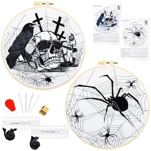 Dark Gothic Embroidery Kits for Beginners Adults, Halloween Hand Embroidery Needlepoint Kits, Skull Spider Stamped Cross Stitch Kits for Beginners Adults, 2 Embroidery Hoops (Attached Video Tutorial) - color: Black and white