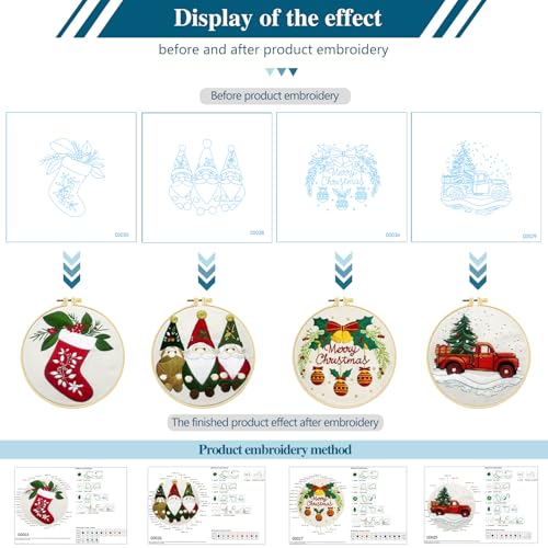 Zhenqing Christmas Embroidery Kit for Beginners - 4 Piece 29x29cm Round Hoop Art with Pre-Printed Cotton Fabric, Embroidery Hoop, Threads & Tools (Merry Christmas, Stocking, Truck, Gnomes) - style: Merry Christmas+Stocking +Truck+Gnomes