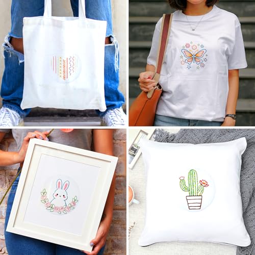 BEUNITONE 6Pcs Easy Embroidery Kit for Adults Beginners, Simple Cross Stitch Starter Set for Beginners, Cute Animal Rainbow Butterfly DIY Craft Activity for Home Decor and Festival Gifts 20x20cm - style: Stick Figure