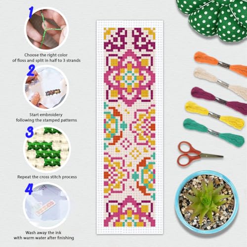 BEUNITONE 6 Pcs Mandala Cross Stitch Bookmark Kits for Beginners DIY Stamped Embroidery Bookmark Kit Colorful Floral Punch Needle Set with Instructions Craft Kit for Book Lover Gifts 8''x2.4'' - style: Small Mandala Pattern