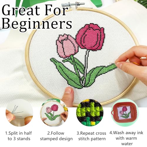Zhenqing 4 Pack Flower Stamped Cross Stitch Kit for Beginners - color: Floral-4 Piece-1