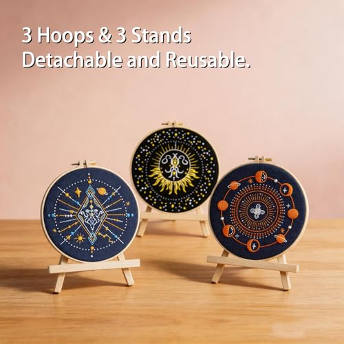 Qupace 3 Pcs Halloween Black Celestial Embroidery Kit, Star Moon Hand Embroidery Set with Bamboo Hoop, DIY Boho Cosmic Craft Supplies for Wall Decor Gift - color: Blue