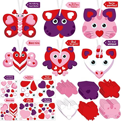 Tatuo 30 Set Valentine's Day DIY Craft Kit Hanging Ornament Classroom Decorations Valentines Cutouts Stickers Crafts for Game Activity Home Party Supplies