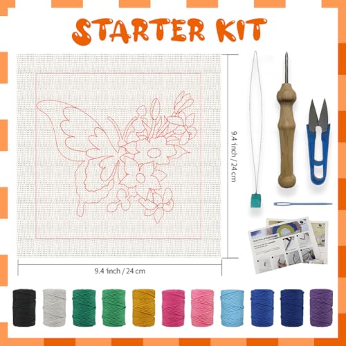 BEUNITONE 2 Sets DIY Punch Needle Kits for Beginners,Butterfly Pre-Printed Pattern,Embroidery Punch Needle Starter Kits for Adults,Includes Pre-Printed Cloth,Yarns,Hoops,Threader and Instructions - color: 05-Butterfly
