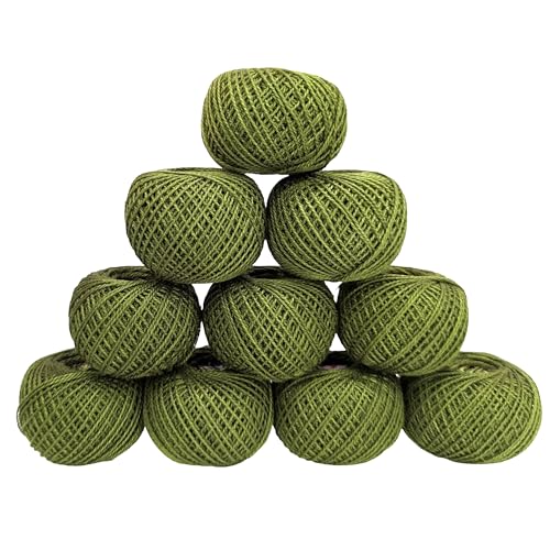 KGS Crochet Thread Cotton Yarn Balls | Size 8 | 10 Balls | 10 Grams Each Ball | Total 100 Grams of Pearl Cotton Thread for Crocheting, Cross Stitch, Needlepoint Hand Embroidery (Olive Green) - color: Olive Green