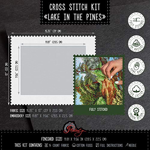 Lake Amid Pines - Counted Cross Stitch Kit with Forest Landscape Pattern - color: Lake in the Pines