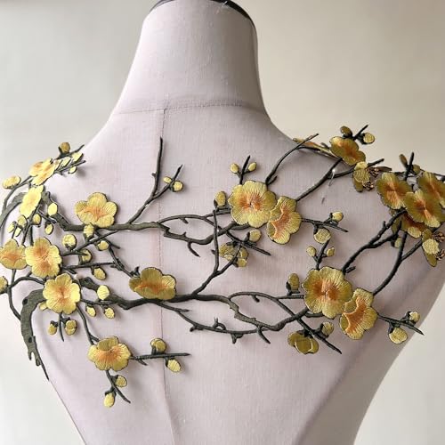 2pcs Iron on Plum Flower Applique Yellow Color Embroidery Vine of Floral for Clothing,Costumes - color: Yellow