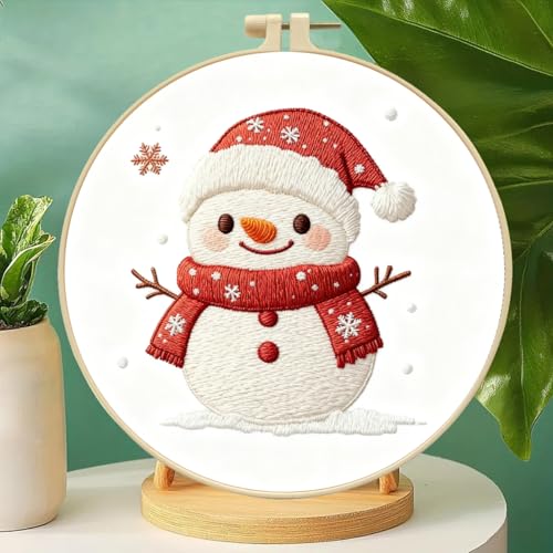 Zhenqing Snowman Embroidery Kit for Beginners, Christmas Winter Needlework Kit with Pre-Printed Cotton Fabric, 20cm Hoop, Threads & Tools (C0146) - style: Christmas Snowman