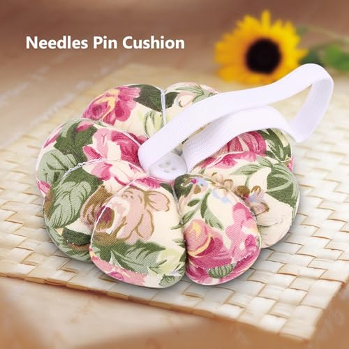 Pumpkin Pin Cushion with Magnetic Wooden Base, Cute Pincushion for Sewing, Japanese Style Needle Holder for Quilting and DIY Crafts, Floral Design