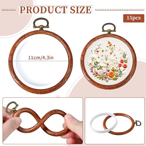 ZESHIHAOGUO 15 Pcs Round Embroidery Hoops - Rubber Ring Imitated Wood Frame Kits for Cross Stitch, DIY Craft, Sewing Projects Hanging Gifts (Brown, 4.4 Inch) - size: 4.4 Inch