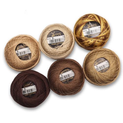 6 Balls Premium Pearl Cotton Embroidery Thread Size 8 | 100% Egyptian Cotton Crochet Yarn | Cross Stitch Embroidery Yarn | Oeko TEX Certified | 10 Grams per Ball (Brown Tones) - color: Brown Tones