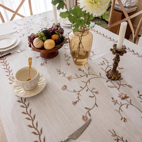 Joyfol Day Linen Waterproof Tablecloth with Tassels, Rustic Farmhouse Flowers Embroidery Table Cloths for Rectangle Tables, Heavy Weight Spill-Proof Table Covers, Coffee Florals, 55''x 70'' - color: Coffee Florals, size: 70" x 55" (Rectangular)