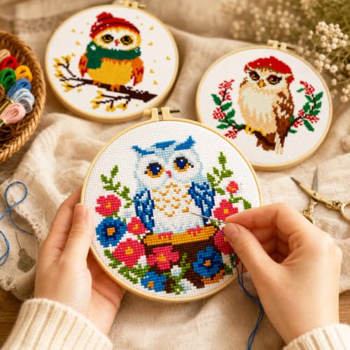 Zhenqing 3-Piece Owl Cross Stitch Kit Stamped Embroidery Kit 11CT Printed Aida Cloth 24x24cm DIY Needlework Set with Hoop, Thread, Needle & Tools Beginner Embroidery Kit for Home Wall Decor Gift