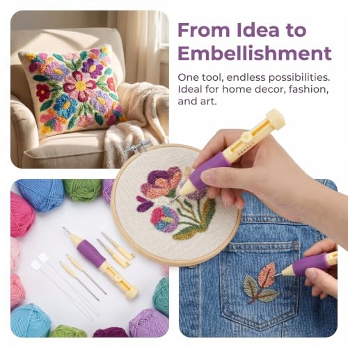 Needle Punch Kit, Adjustable Needle Length Embroidery Needle Punch with 3 Sizes, Embroidery Stitching Punch Needles Set for Adults Beginner