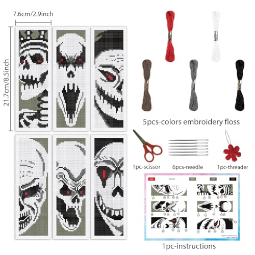 INFUNLY 6PCS Skull Theme Cross Stitch Kit for Beginners 8.5x3 DIY Bookmarks Cross Stitch Kits Black White Horror Embroidery Cross Stitch Kits with Backing Felt Floss Instruction for Book Lovers - style: 6PCS Skull Theme