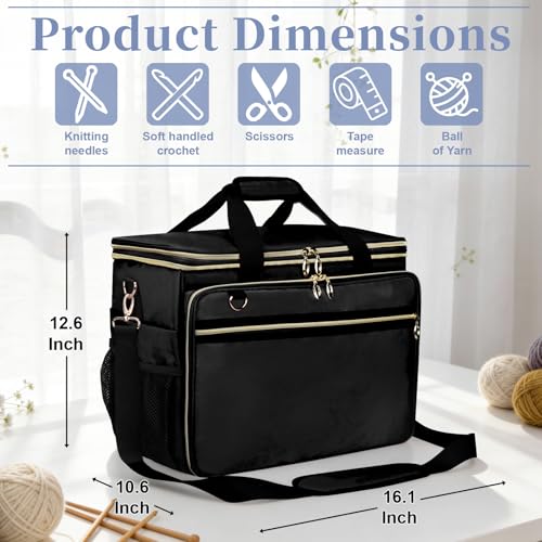 Anitor Large Crochet Bag Knitting Bag Yarn Storage Tote, Yarn Bag, Black - color: black