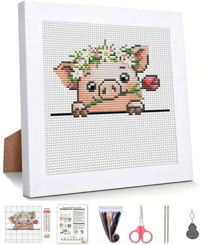 Cute Pig Stamped Cross Stitch Kits for Beginners Adults with Framed - color: DKJ005