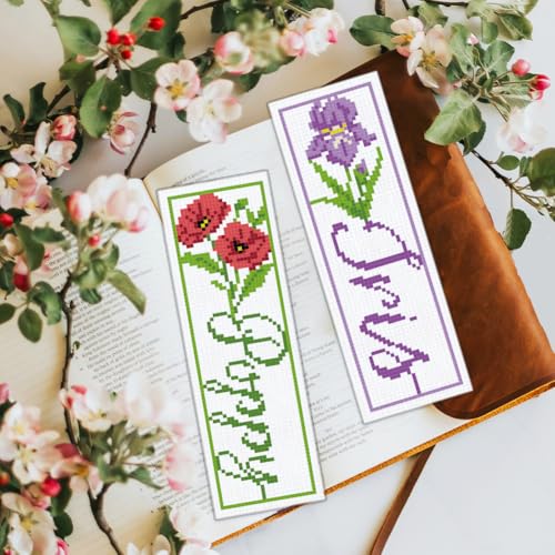BEUNITONE 6 PCS Cross Stitch Bookmark Kit for Adults Beginners,Text and Flowers Pre-Printed Cross Stitch,DIY Stamped Embroidery Bookmark Kits,with Instructions,Craft Kit for Book Lovers 8.5''x3'' - style: Text And Flowers