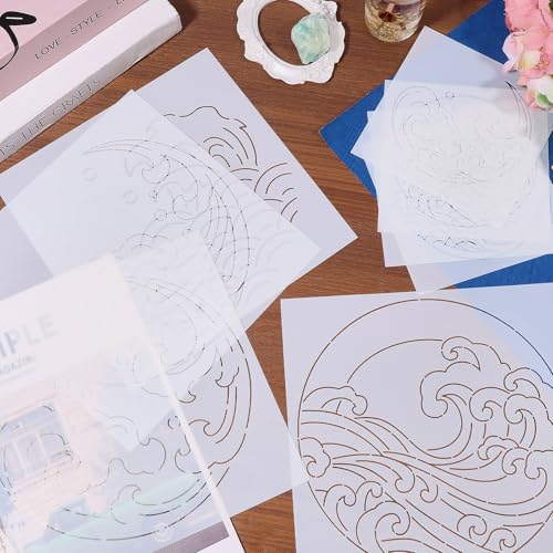 FREEBLOSS 8pcs Sashiko Stencils Plastic Sashiko Template Square Surf Embroidery Patterns Drawing Line Templates for Sewing Hand Quilting 5.5"/8.7"