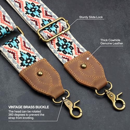 Nefelibata Banjo Strap,2"Wide Double Crazy Horse Leather Jacquard Embroidery Strap Adjustable Replacement,Multi-pattern Strap With Metal Clips - color: A#-white Embroidery