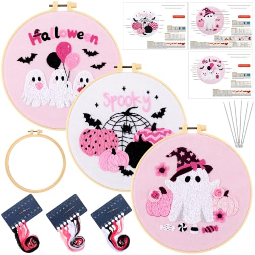 Mindsoft 3 Set Needlepoint Kit for Beginners with Hoop,Pink Halloween - style: Pink Halloween