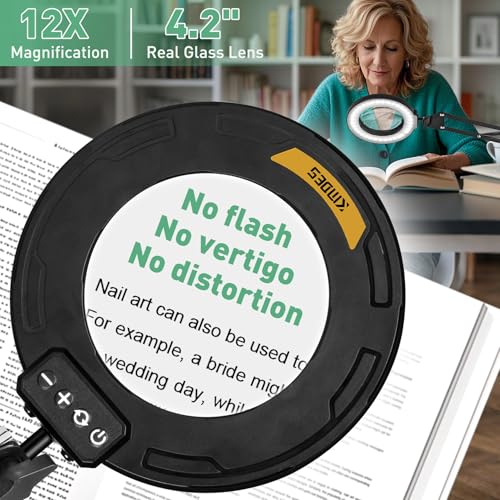 Magnifying Glass with Light and Clamp, 4.2in 12X Extended Arm - size: 4.2IN