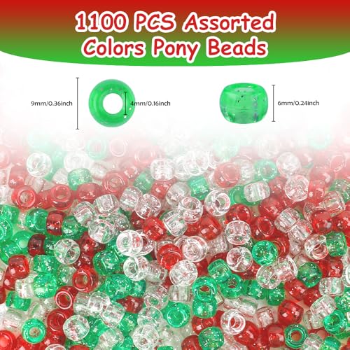1100 Pcs Beads,Pony Beads,Beads for Jewelry Making,Beads for Bracelets,Hair Beads,Craft Beads,Plastic Beads for Crafts,Hair Beads for Kids Girls,Kandi Beads (Christmas Glitter Colors) - color: 1100 PCS Christmas Glitter Colors