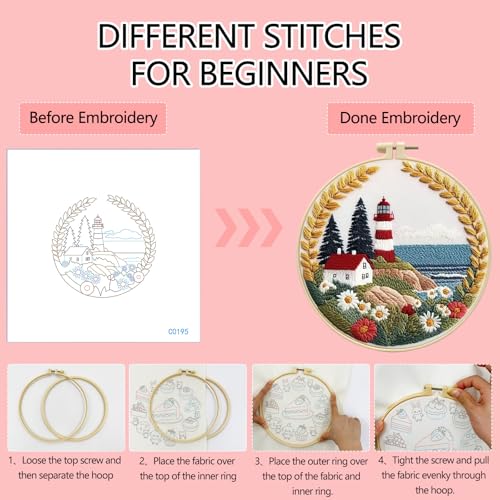 Zhenqing Lighthouse Embroidery Kit for Beginners, Pre-Printed 29x29cm Fabric with 20cm Hoop & Threads, Coastal Lighthouse Scene for Home Decor(C0195)