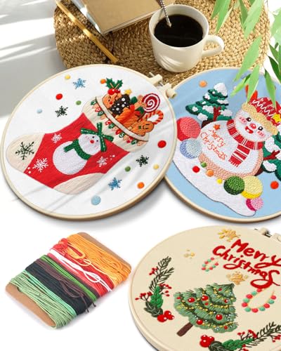 TINDTOP Christmas Embroidery Kit for Adult, 5 Pack Embroidery DIY Starter Kit, with Stamped Patterns, Hoop, Tools, Colorful Threads with Needles, Instructions - color: Christmas 5 Pack