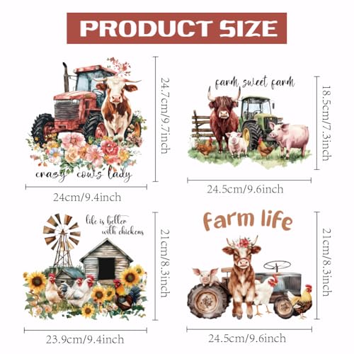 SUPERDANT 4Pcs Farm Animals Iron on Transfer Paper Cows Chickens Pigs Heat Transfer Sticker Washable Iron on Decals for T Shirts DTF Transfers Ready to Press for Clothing Hoodie Jackets DIY Gift - style: Farm Animals
