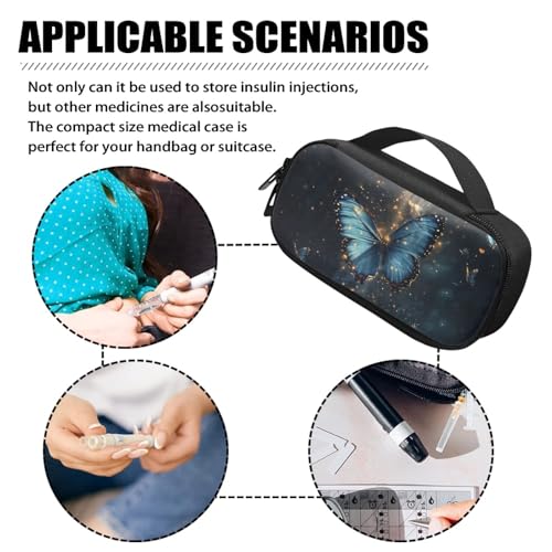 Blue Butterfly Insulin Cooler Travel Case with Side Handle Diabetic Insulated Organizer Portable Cooling Bag for Insulin Pen and Medication Diabetic Supplies - color: Blue Butterfly