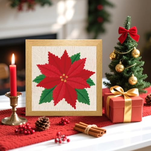 BEUNITONE Poinsettia Pre-Print Punch Needle Kit for Beginners Adults Gifts - color: 08-Crimson