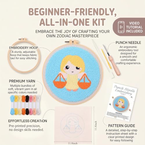 Harimau Punch Needle Kit Twelve Zodiac Signs Pattern,1Pc Embroidery Hoop, Essential Punch Needle Supplies,Ideal Punch Art for Beginners,DIY Adults Embroidery, Video Teaching - color: 65281