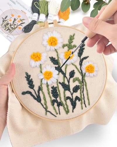 ERKOON Punch Needle Kit Beginners Adults, DIY Easy Flower Embroidery Set for Starter Art Craft, Needling Punching Project with Patterns, Tools, Yarns, Hoop, Instruction (Daisy) - color: Daisy