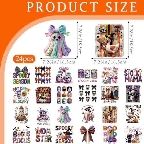 Dazoratix Halloween Iron on Transfers - 24 Sheets Spooky Ghost DTF Ready to Press Funny Boo Bow Pumpkin Heat Patches Vinyl Stickers Decal for T Shirts Clothes Hoodies Pillow Bag DIY Crafts Decorations - style: Spooky Halloween